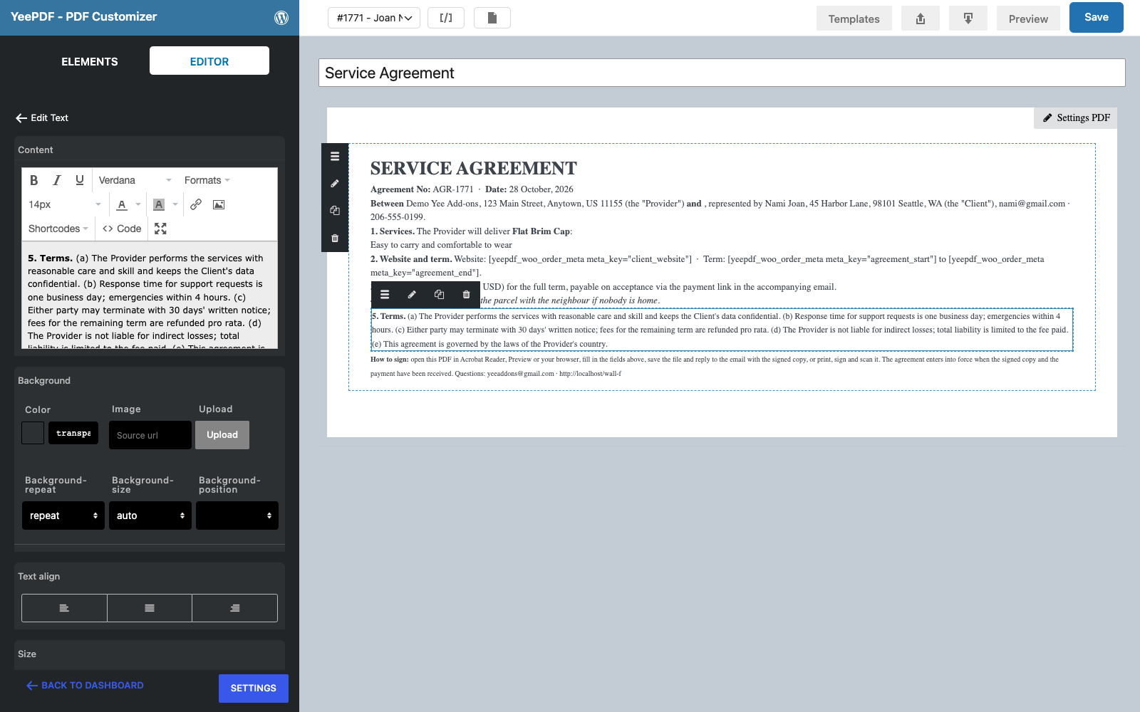 The terms Text element selected with clause 5
