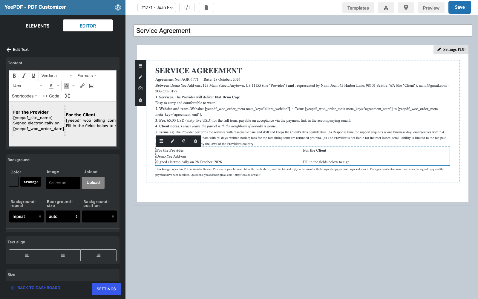 The signatures Text element selected with the Provider and Client columns