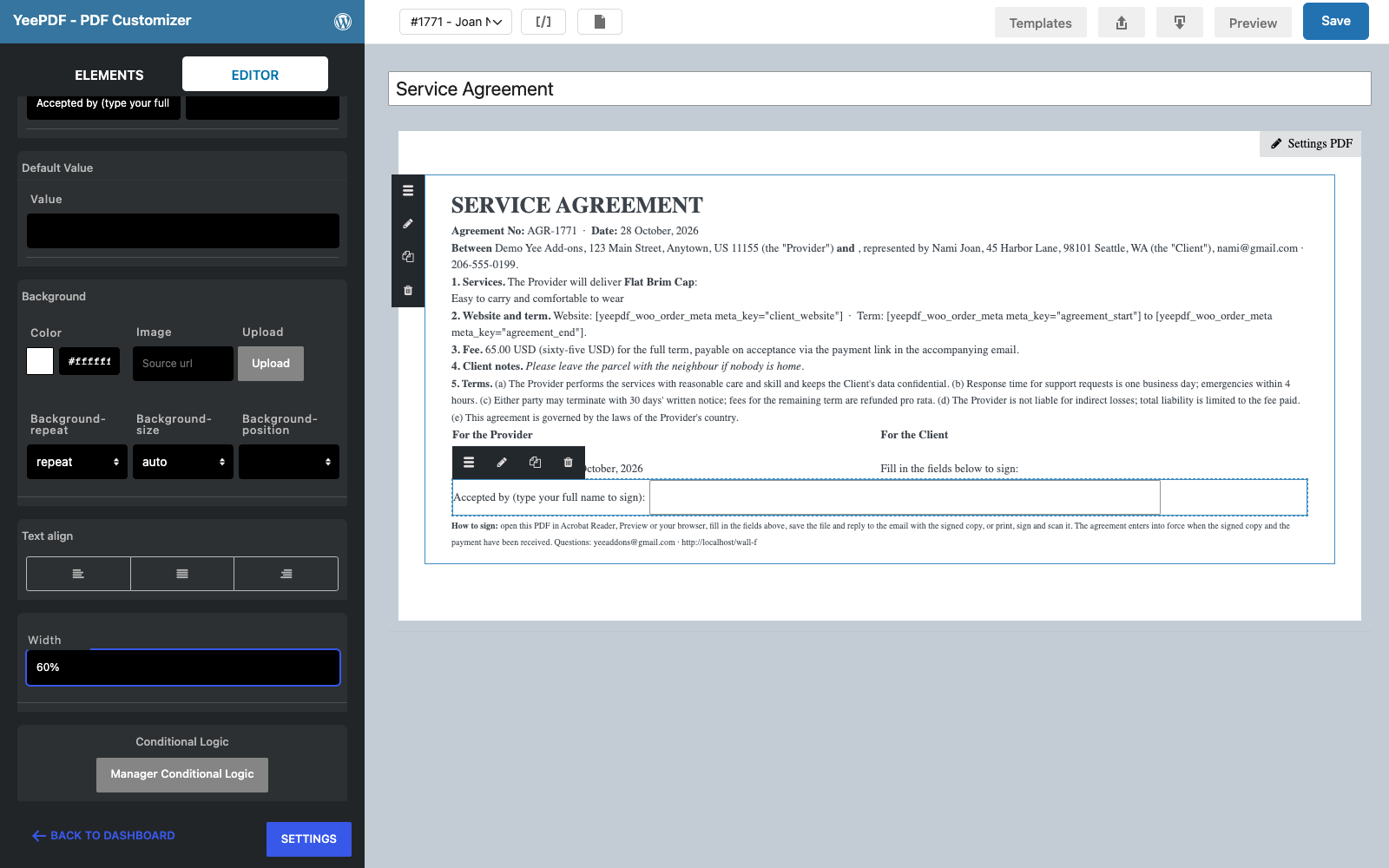 The first Text input form element selected with the before text Accepted by and a width of 60%
