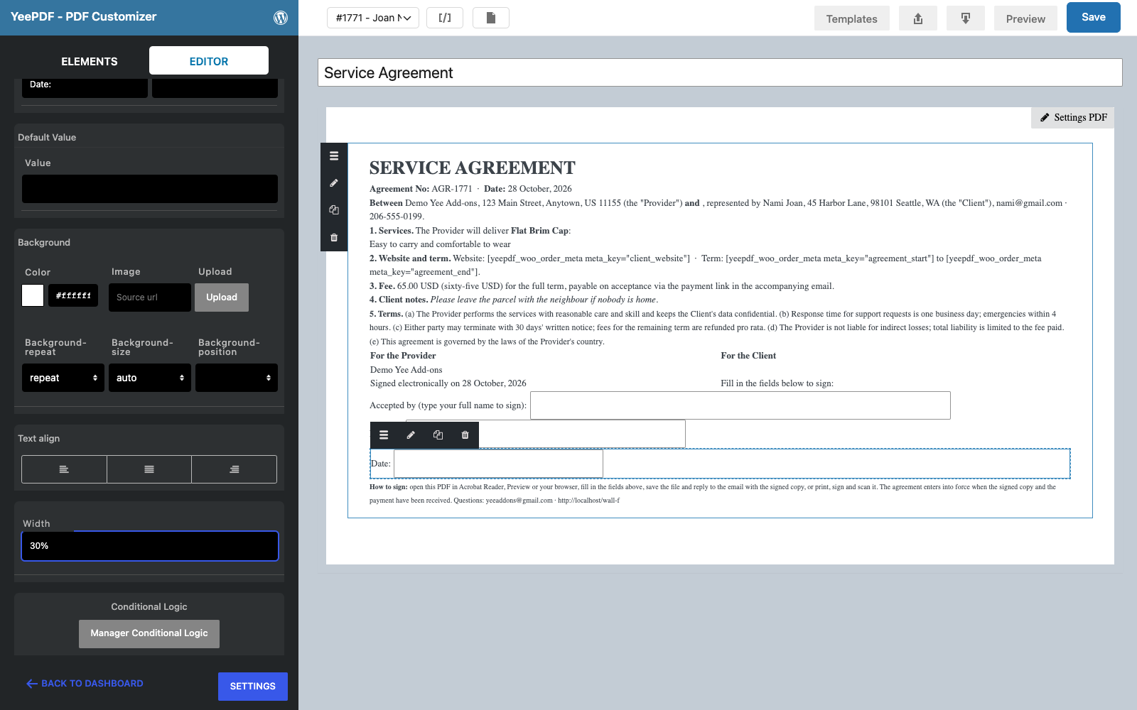 The three Text input form elements on the canvas: accepted by, position and date