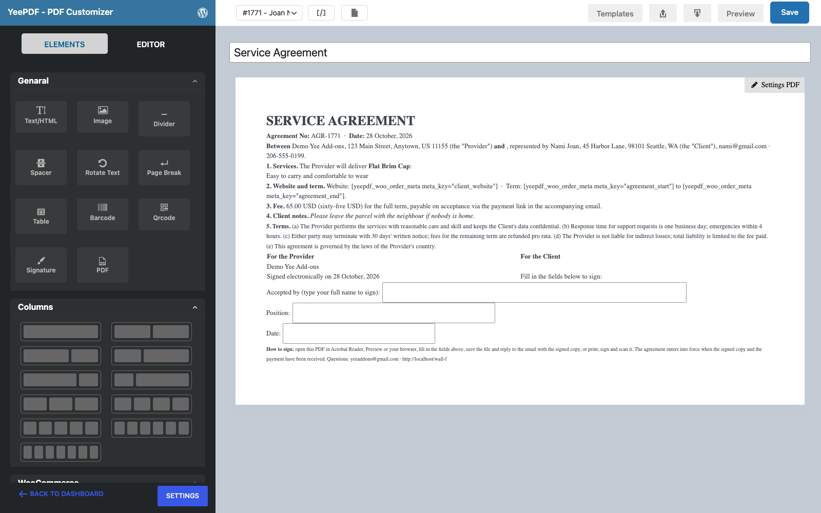 The finished Service Agreement template: title, parties, clauses, terms, signature columns, three fillable fields and the footer