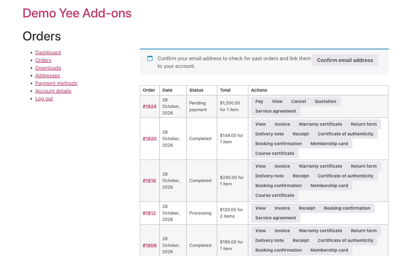 My Account Orders list with Pay, Cancel and Service agreement buttons next to the pending order