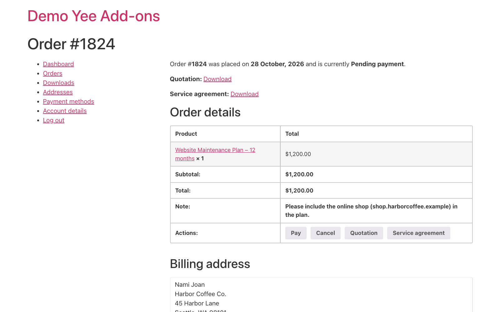 The My Account order page of the pending order with the Service agreement download and the Pay button