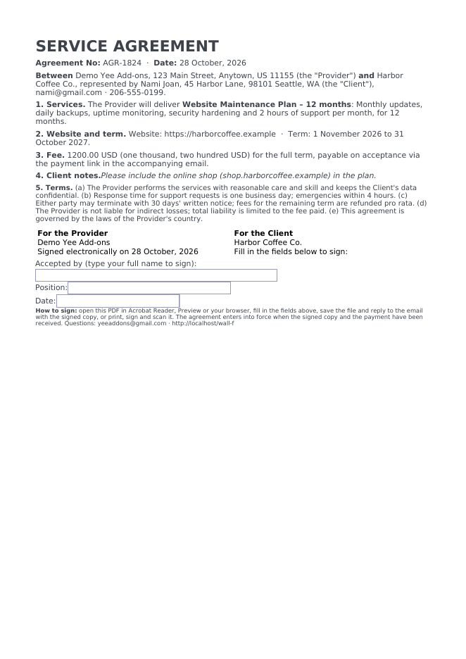 The generated service agreement for order 1824: SERVICE AGREEMENT AGR-1824, provider and client, clauses 1 to 5 with the maintenance plan, website, term, fee in figures and words, the client note, the signature columns, three fillable fields and the signing instructions
