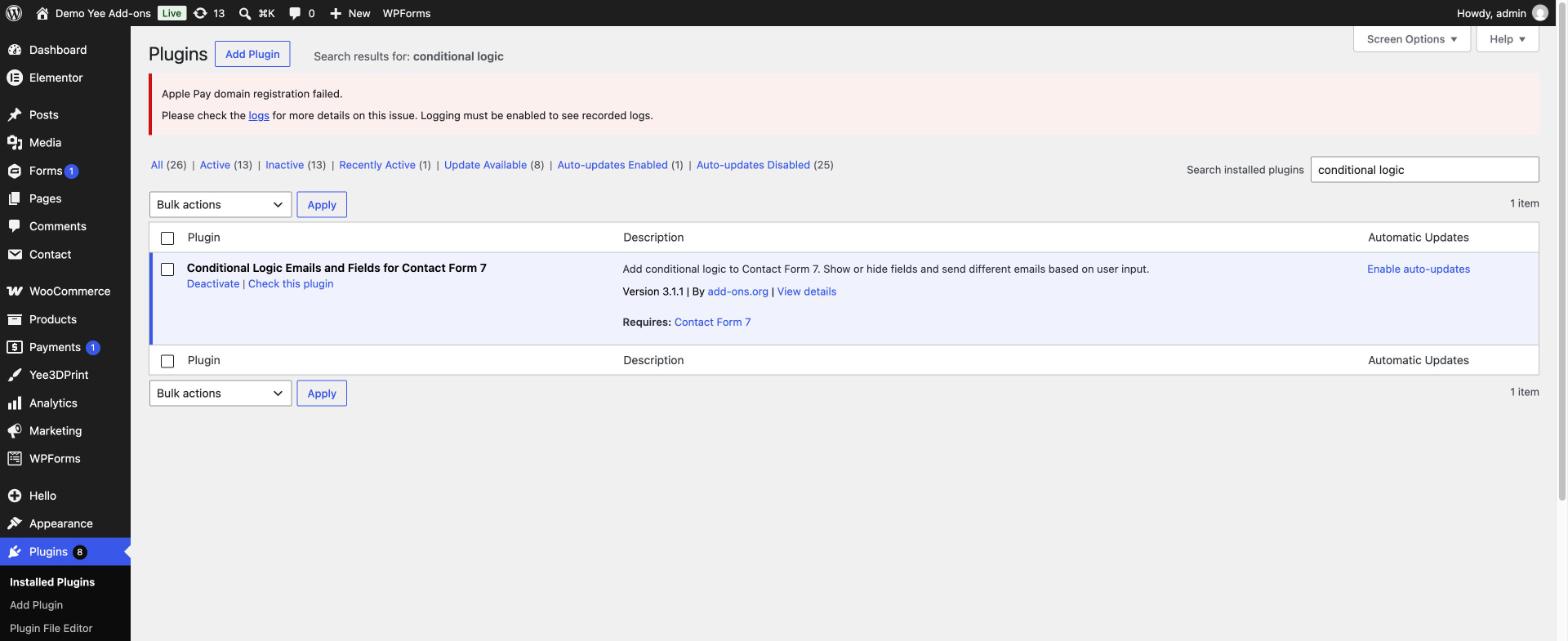 The Conditional Logic Emails and Fields for Contact Form 7 plugin active in the WordPress Plugins list