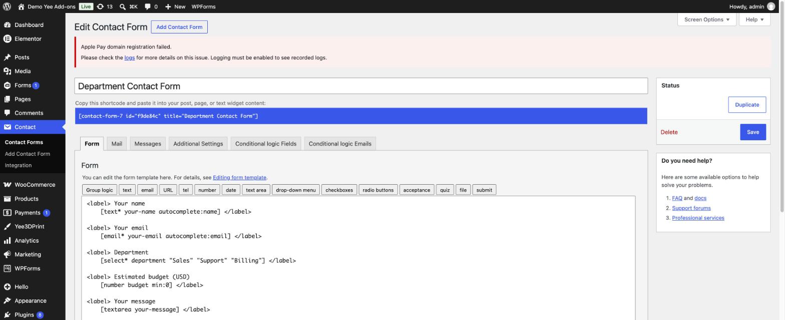 Contact Form 7 editor showing the Conditional logic Fields and Conditional logic Emails tabs