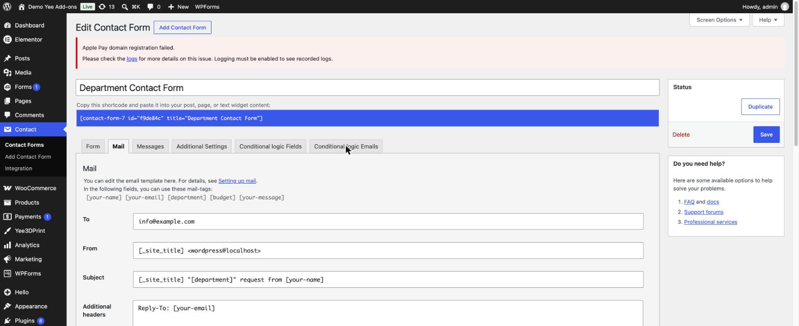 The Mail tab of the Contact Form 7 editor with the main notification template