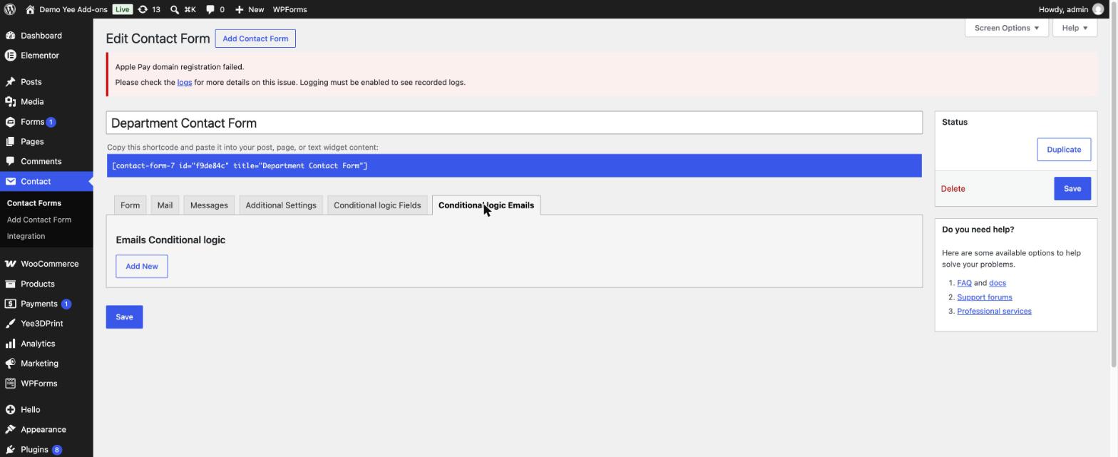 The empty Conditional logic Emails panel with an Add New button