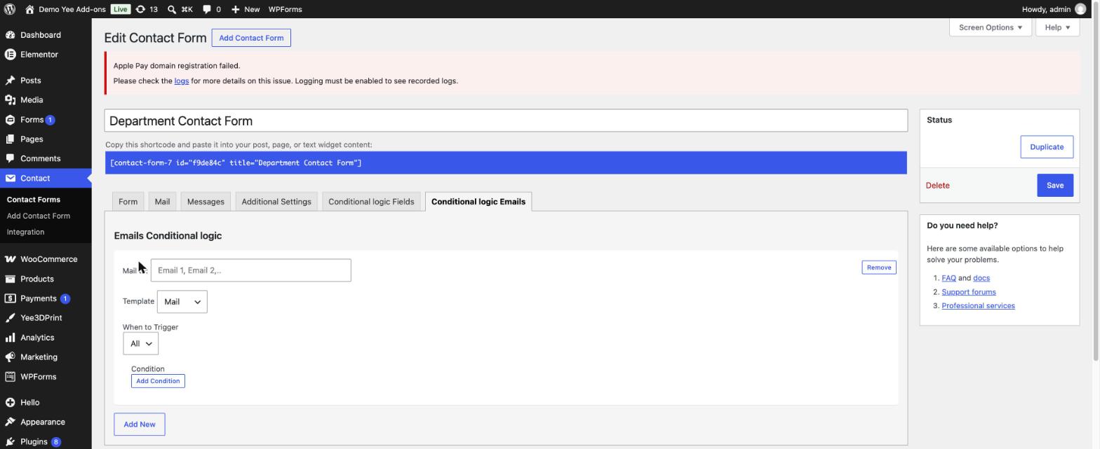 A new, empty conditional email rule block with Mail to, Template, When to Trigger and Condition settings