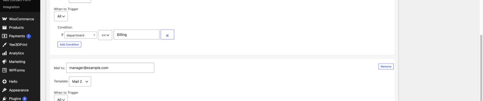 A conditional email rule sending to billing@example.com when the department field equals Billing