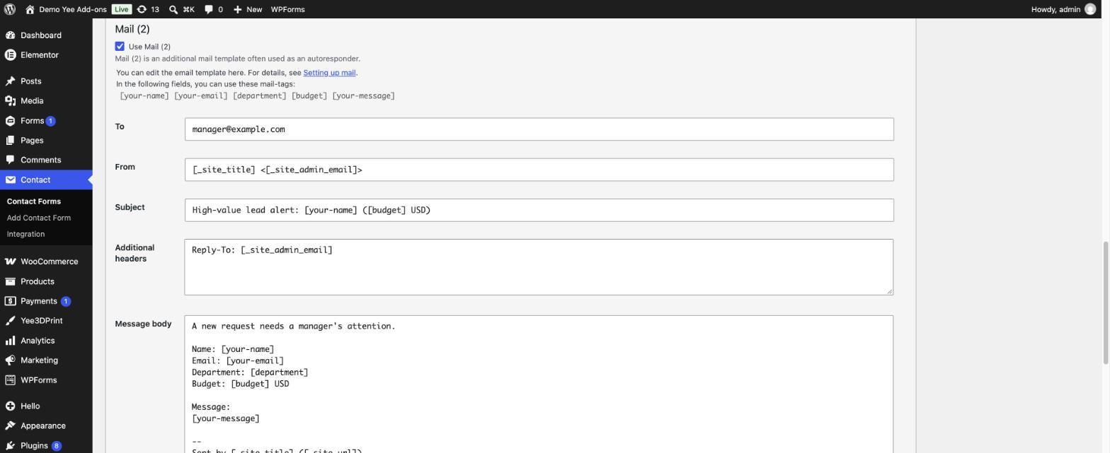The Mail (2) section configured as a manager alert template with its own subject and body