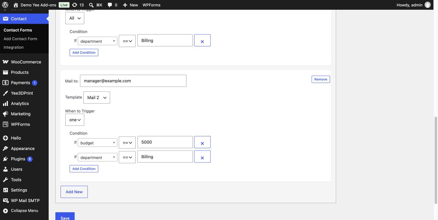 A conditional email rule using the Mail 2 template, trigger mode one, with a budget >= 5000 condition and a department == Billing condition” class=”wp-image-8690″/><figcaption class=