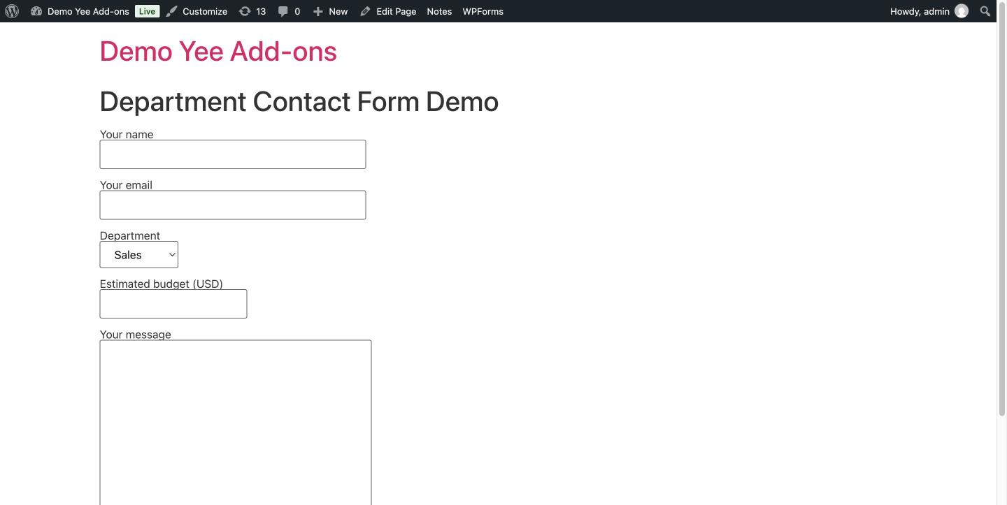 The Department Contact Form displayed on the front end of the website