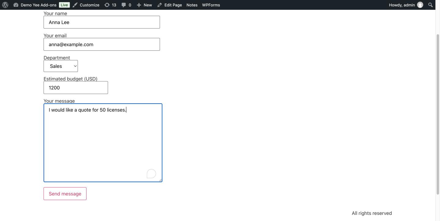 The form filled in with a Sales request and a budget of 1200