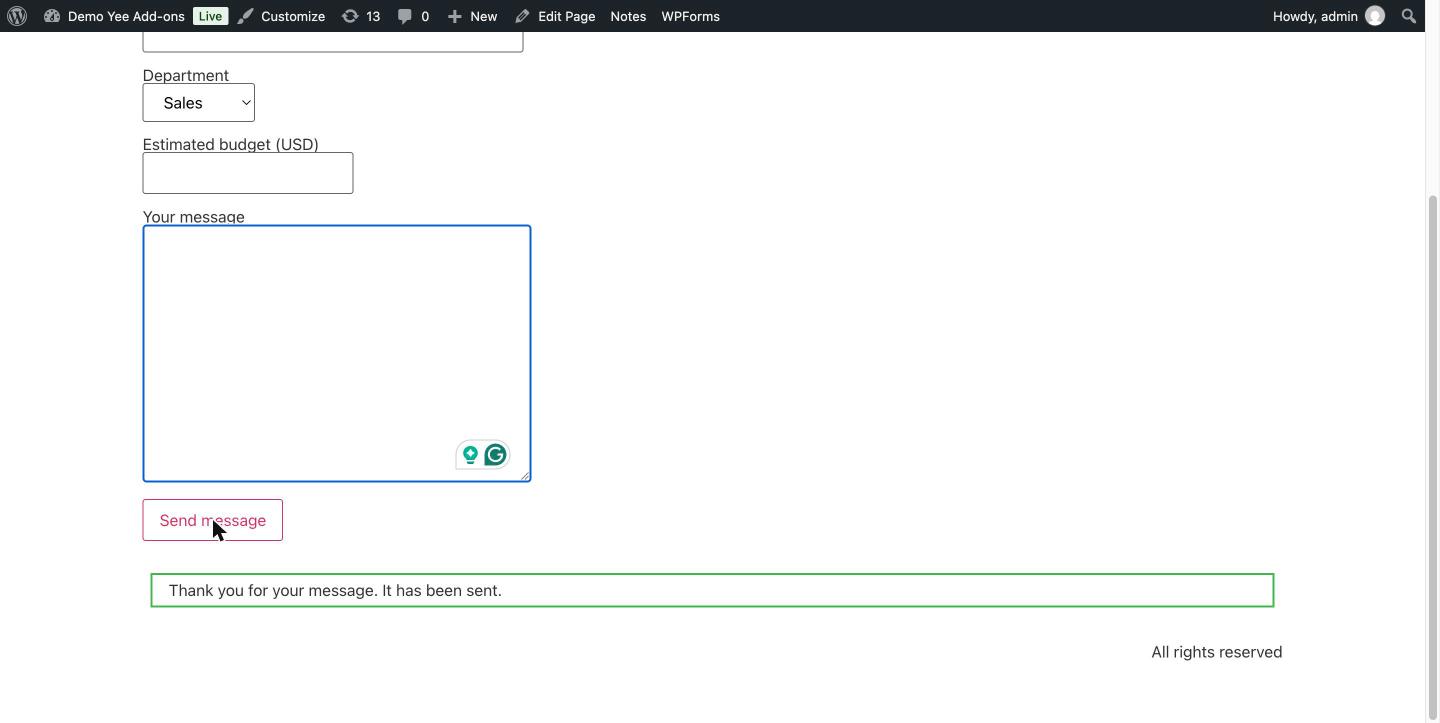 The form after submission showing the 