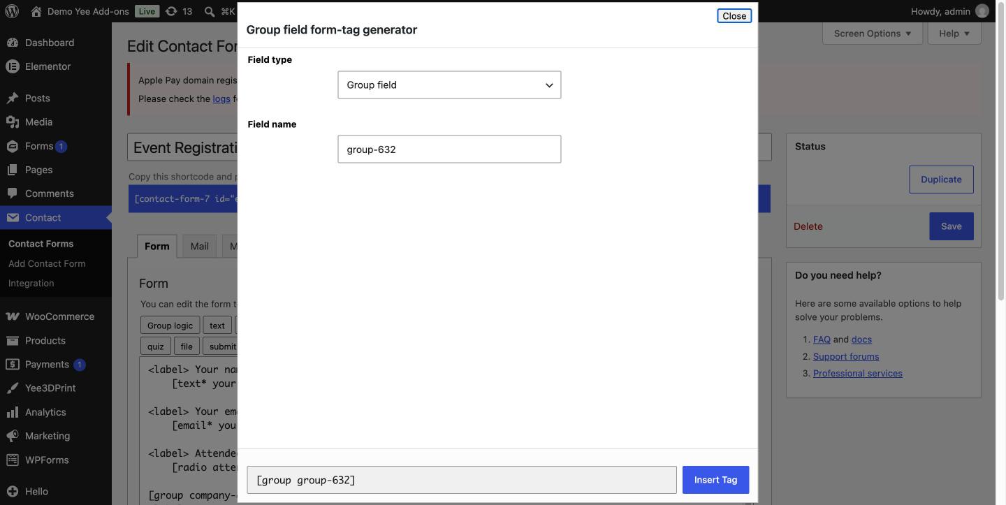 The Group field form-tag generator dialog with a field name input and Insert Tag button