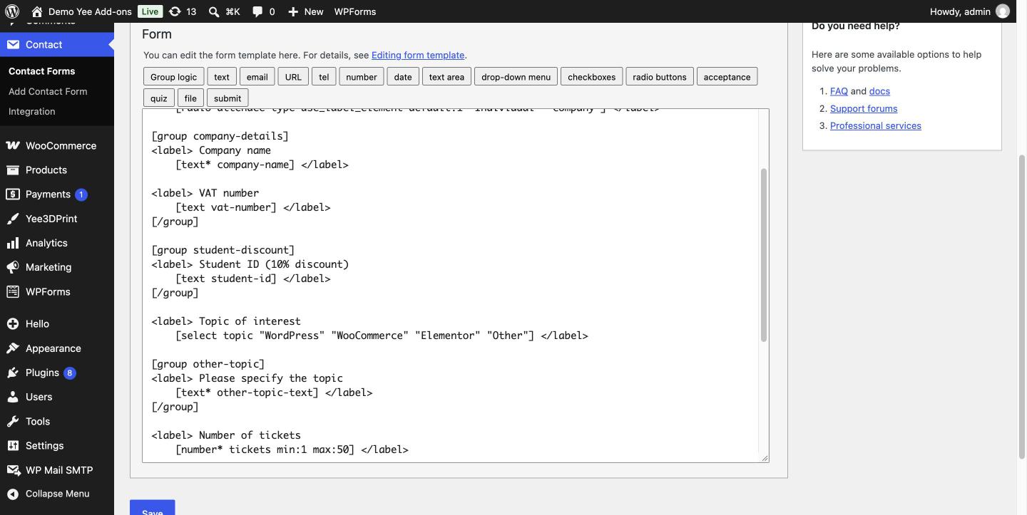 The form template showing fields wrapped in [group company-details], [group student-discount] and [group other-topic] tags