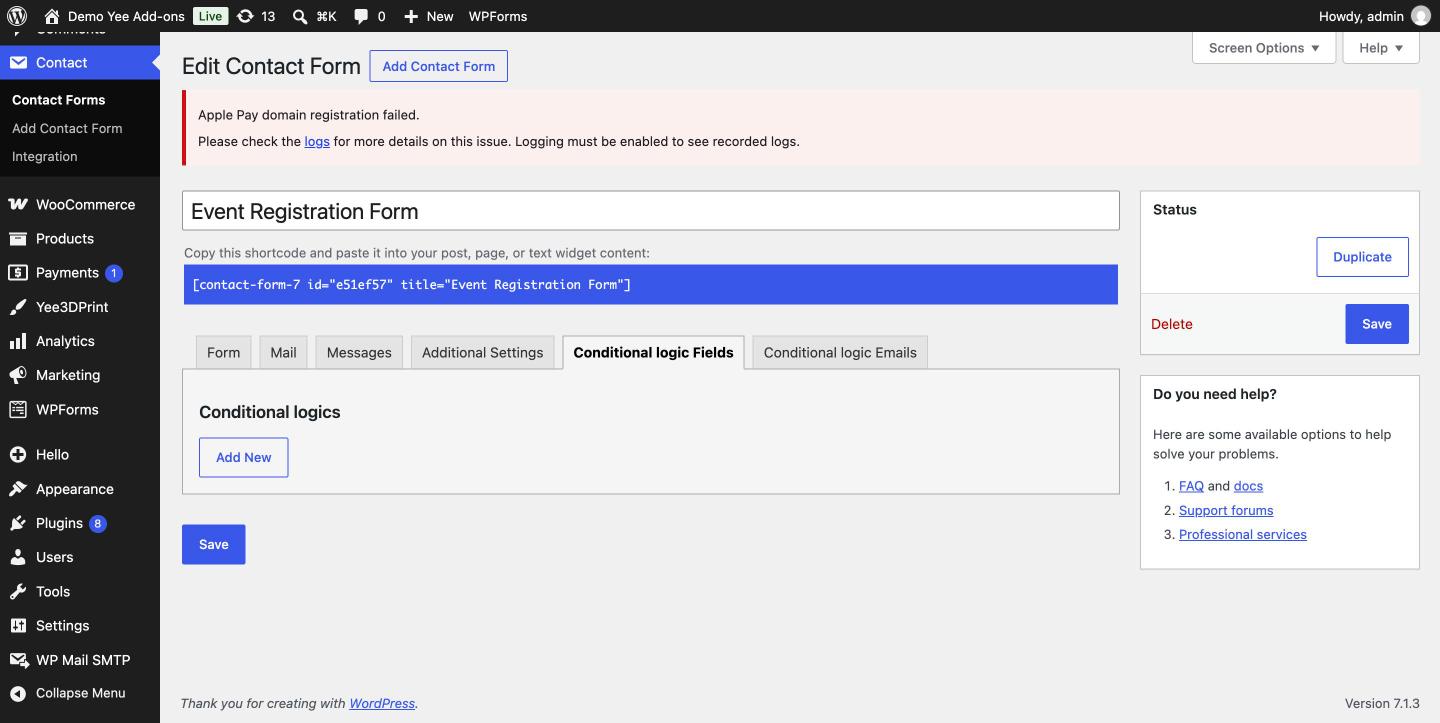The empty Conditional logic Fields panel with an Add New button