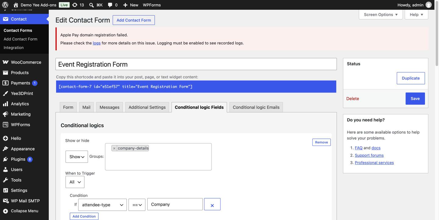 A conditional fields rule block showing Show selected, the company-details group, When to Trigger All and a condition attendee-type == Company