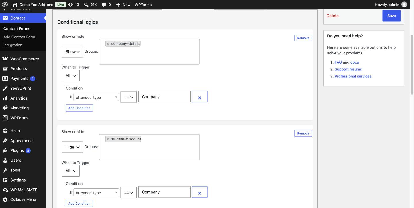 Two rules: Show company-details when attendee-type == Company, and Hide student-discount when attendee-type == Company