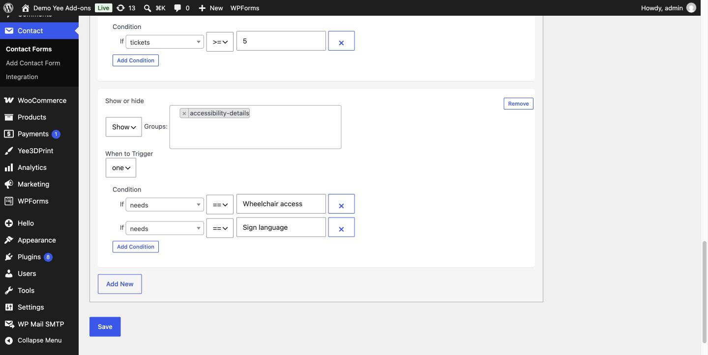 A rule showing accessibility-details with trigger mode one and two conditions on the needs checkbox field
