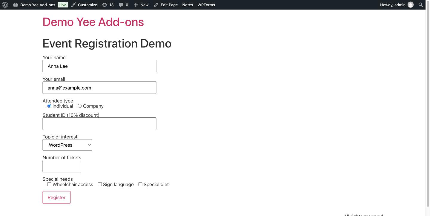 The registration form on page load: student ID visible, company fields and other conditional groups hidden