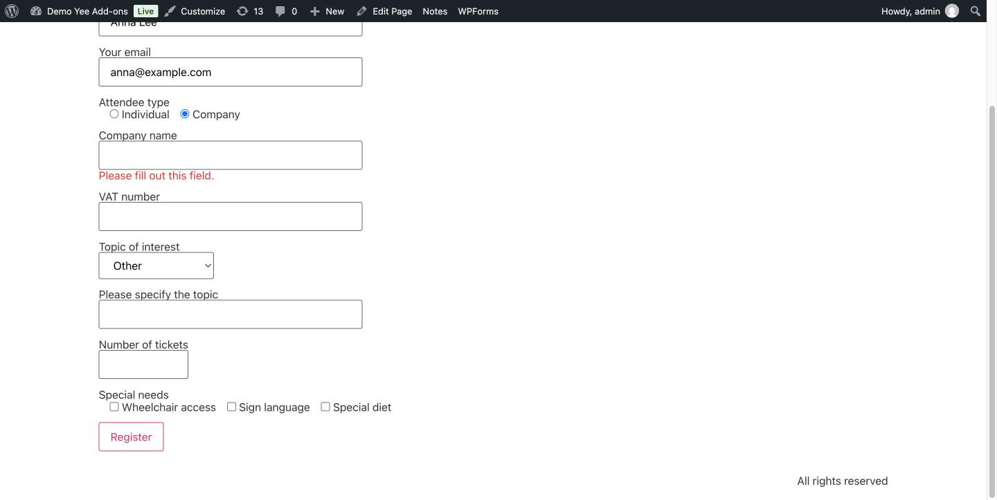 After choosing Other in the topic drop-down the Please specify the topic field appears