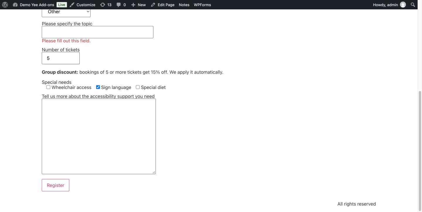 After ticking Sign language the accessibility notes textarea appears