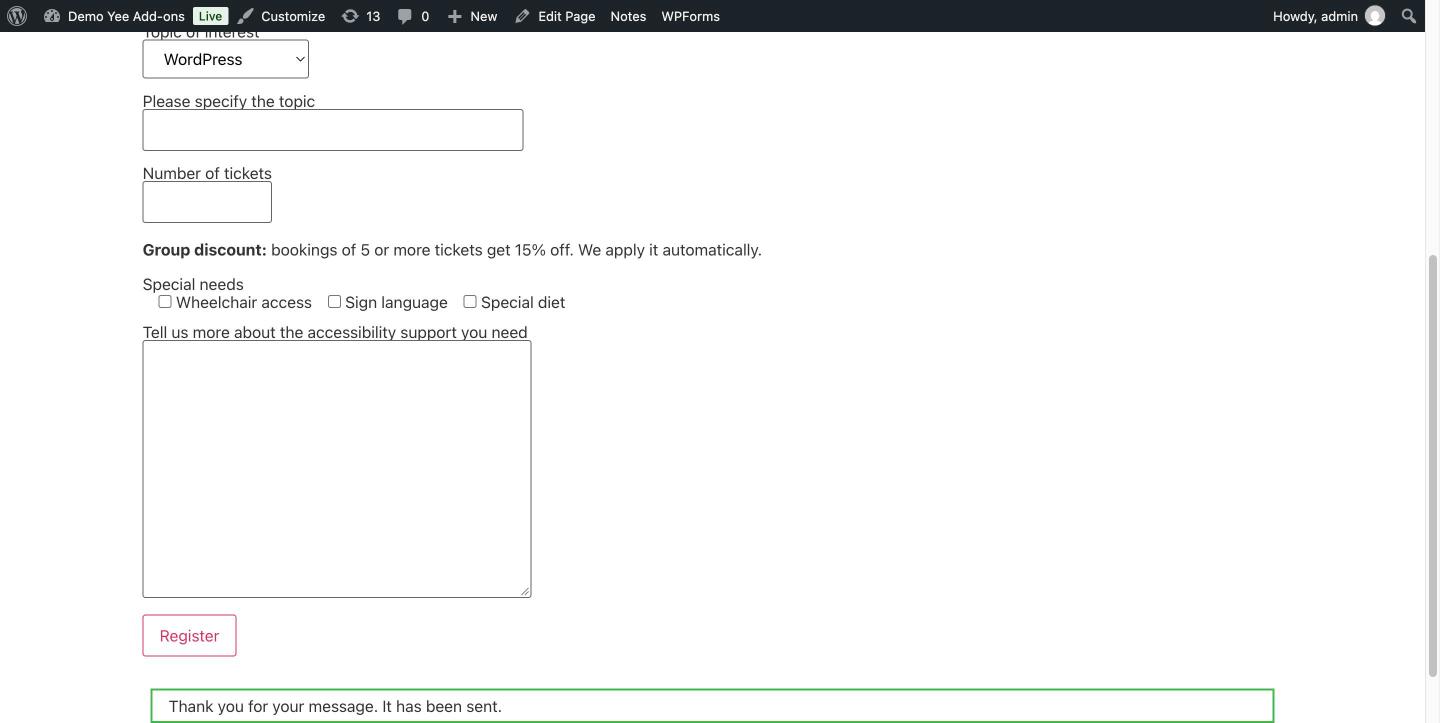 The form submitted successfully with the Thank you for your message confirmation