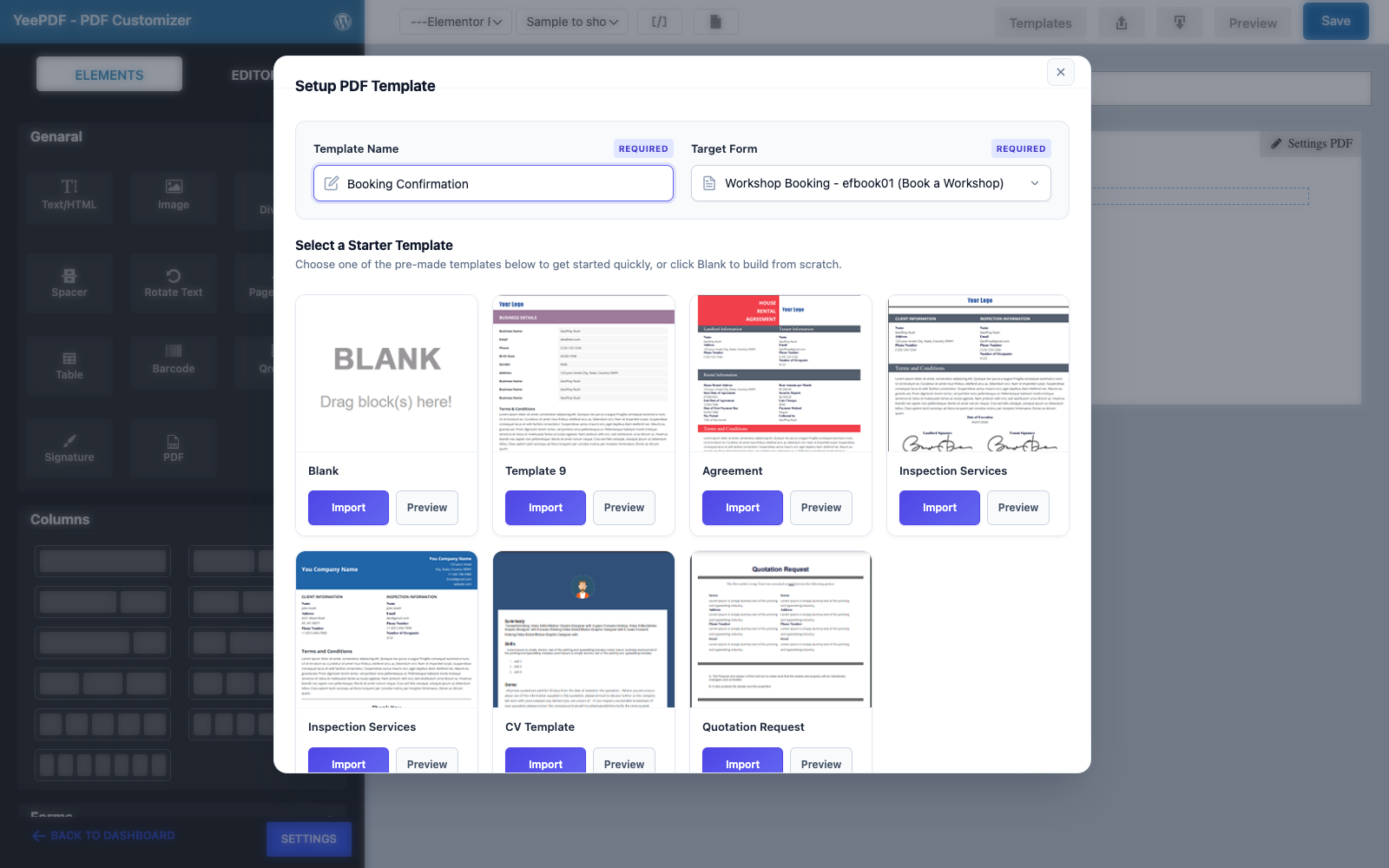 Setup PDF Template with the name Booking Confirmation and the target form Workshop Booking