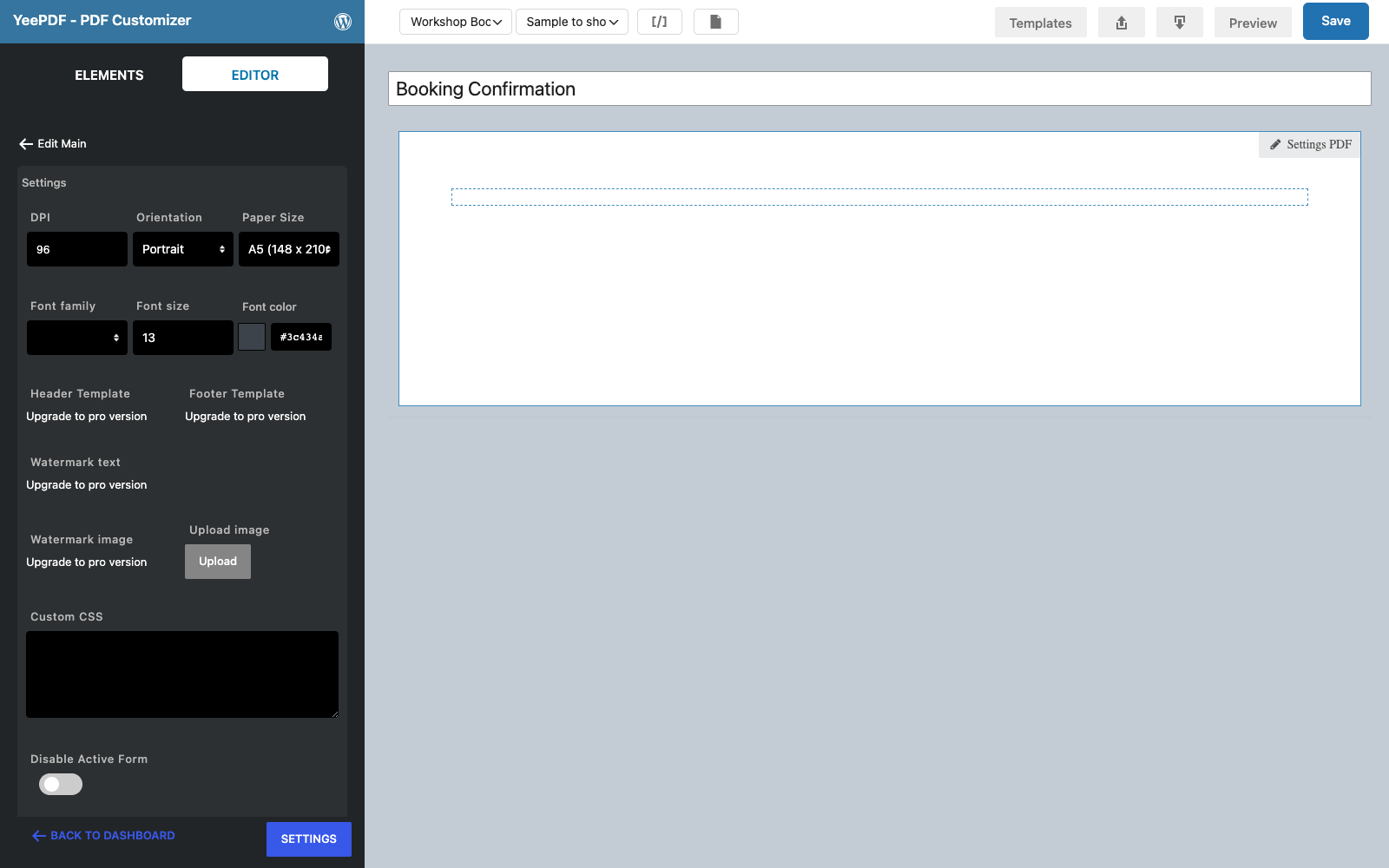 Settings PDF with the paper size A5