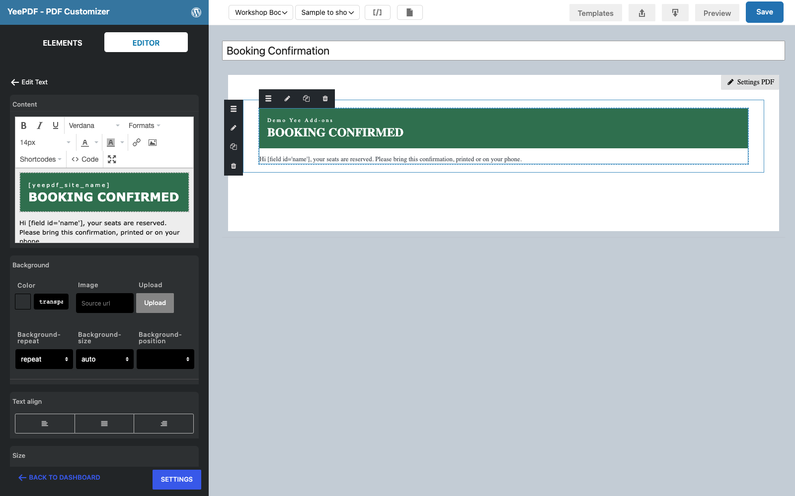 The BOOKING CONFIRMED header with a greeting to the customer