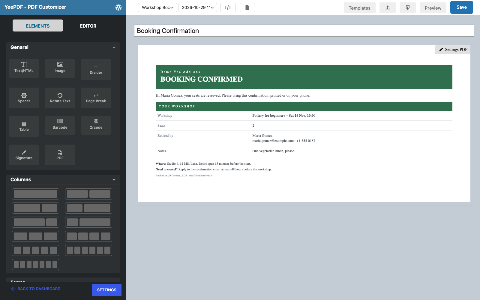The saved Booking Confirmation template with the sample booking of Maria Gomez