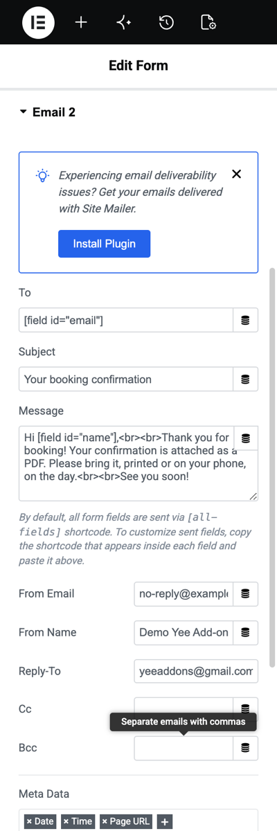 The Email 2 settings with To set to the email field and the subject Your booking confirmation