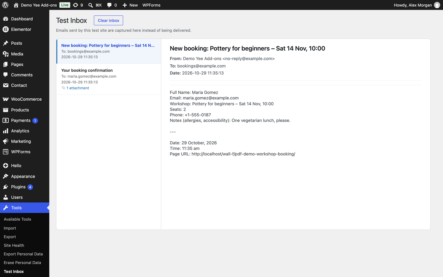 The email New booking to bookings@example.com without an attachment