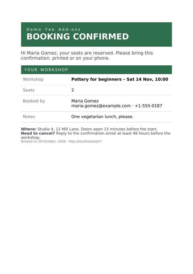 The booking confirmation PDF for Maria Gomez: Pottery for beginners, 2 seats, contact details and notes