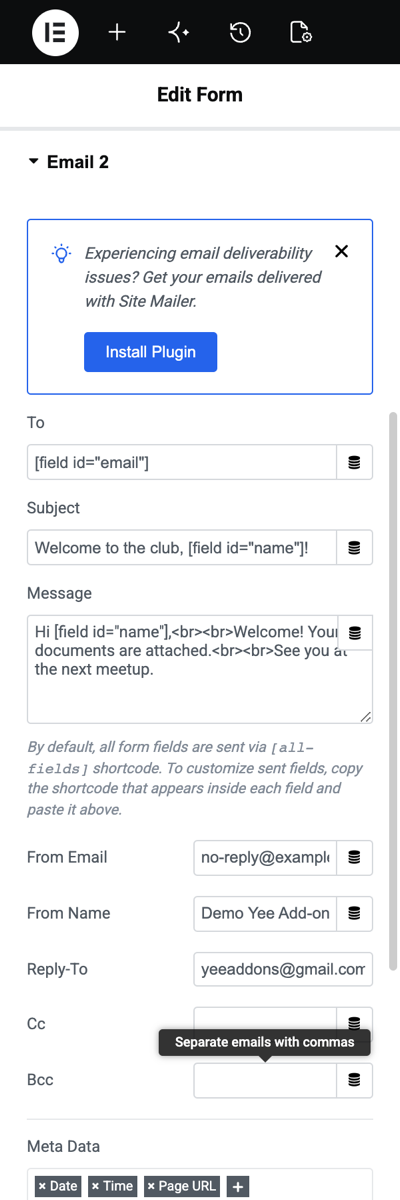 The Email 2 settings sending the welcome email to the member