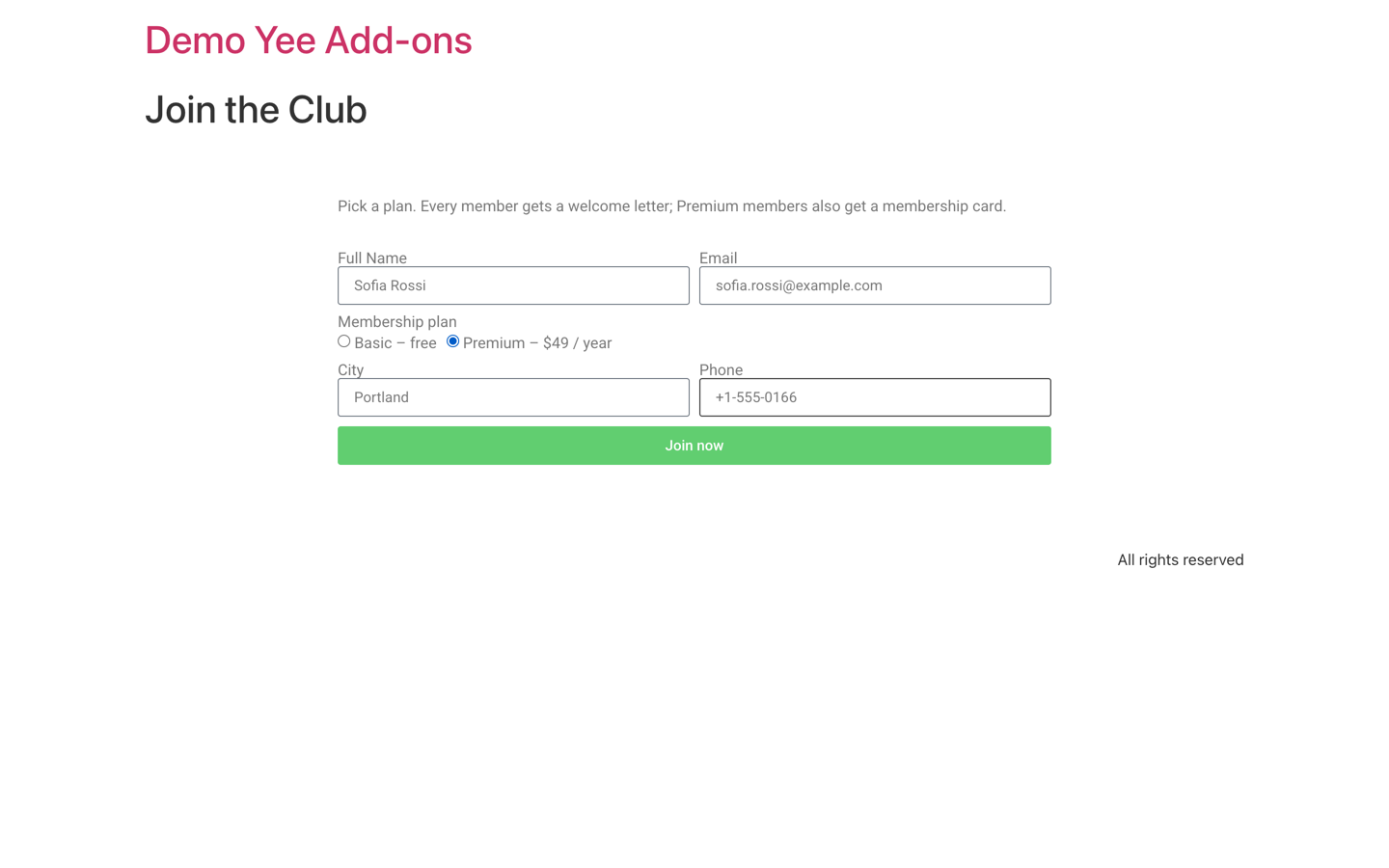 The Join the Club form filled in by Sofia Rossi with the Premium plan selected
