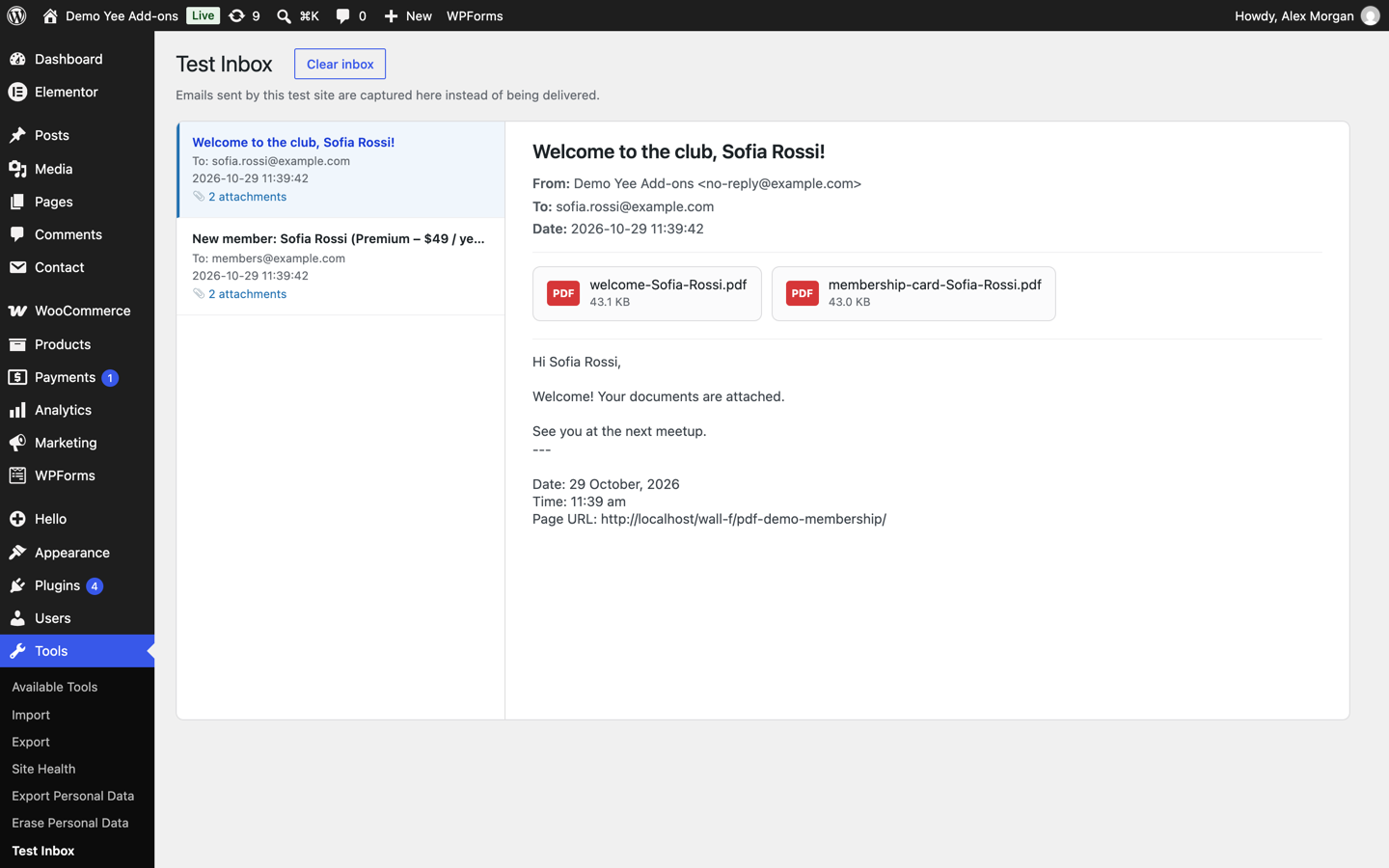 The welcome email to Sofia Rossi with two attachments: welcome-Sofia-Rossi.pdf and membership-card-Sofia-Rossi.pdf