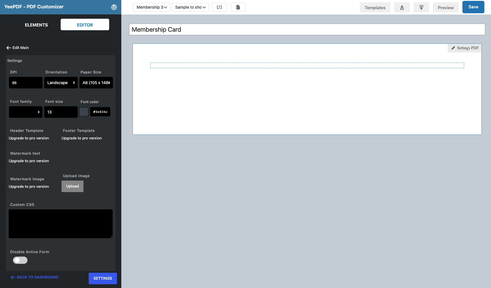 Settings PDF of the Membership Card template with size A6 and orientation Landscape