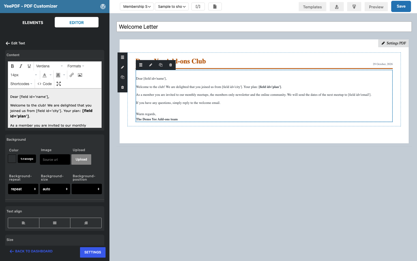 The Welcome Letter template with the letter text using the name, city, plan and email fields