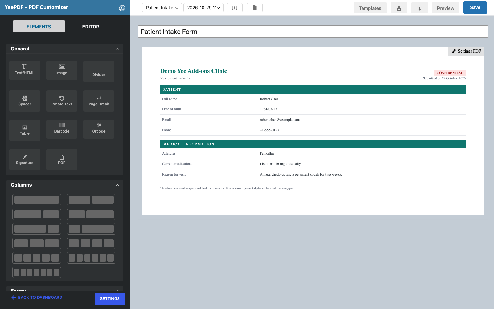 The saved Patient Intake Form template