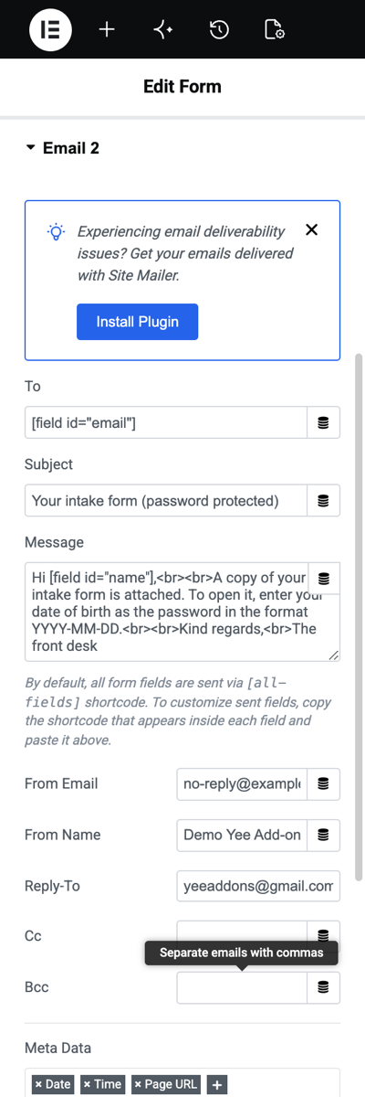 The Email 2 settings with the message explaining that the password is the date of birth in the format YYYY-MM-DD