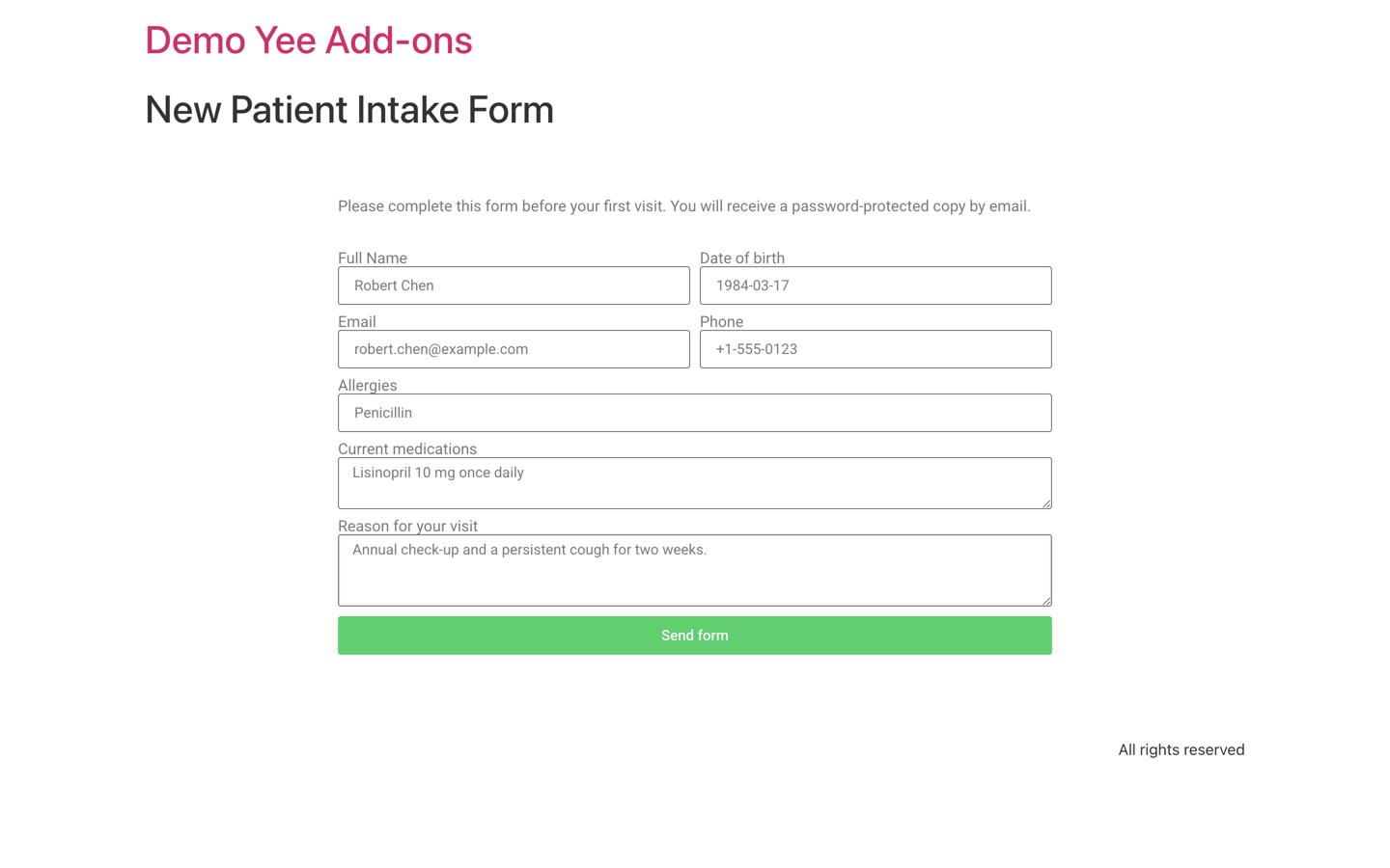 The New Patient Intake Form filled in by Robert Chen