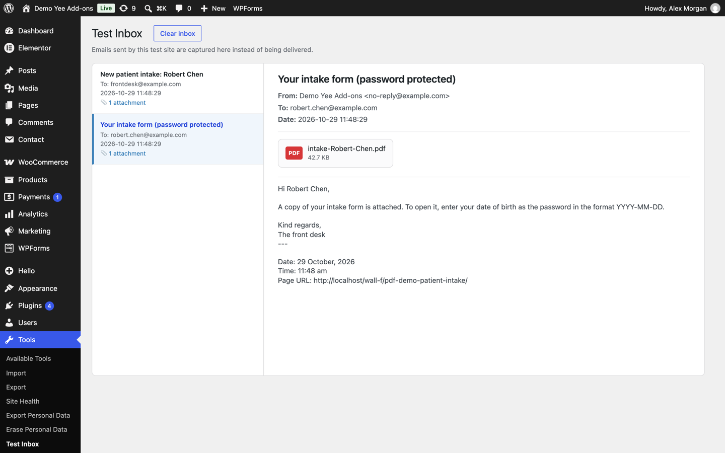 The email Your intake form (password protected) with intake-Robert-Chen.pdf attached