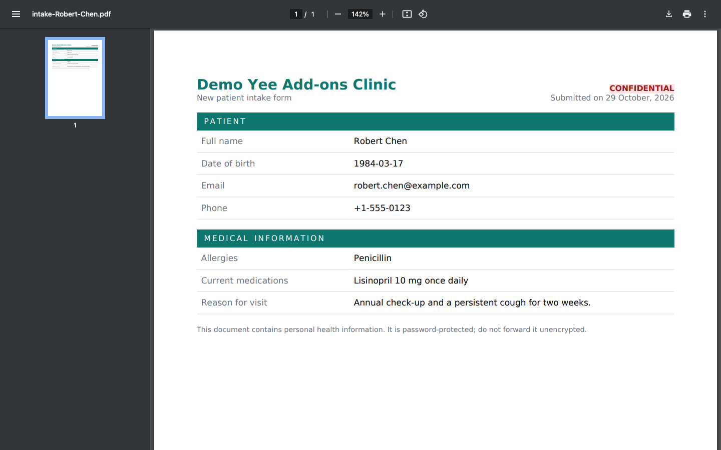 The unlocked intake PDF with the patient and medical information