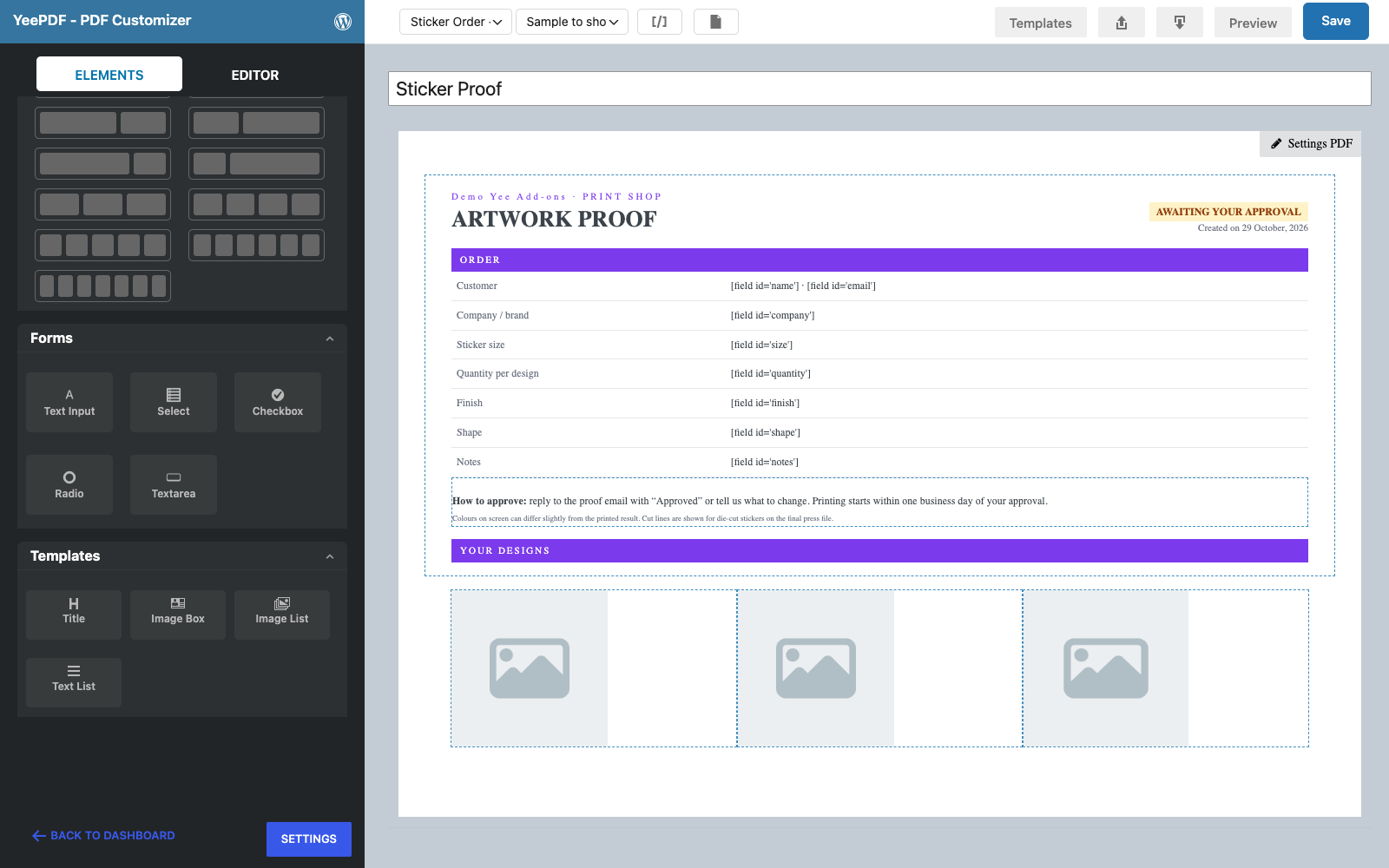 An Image List with three empty image placeholders added to the template
