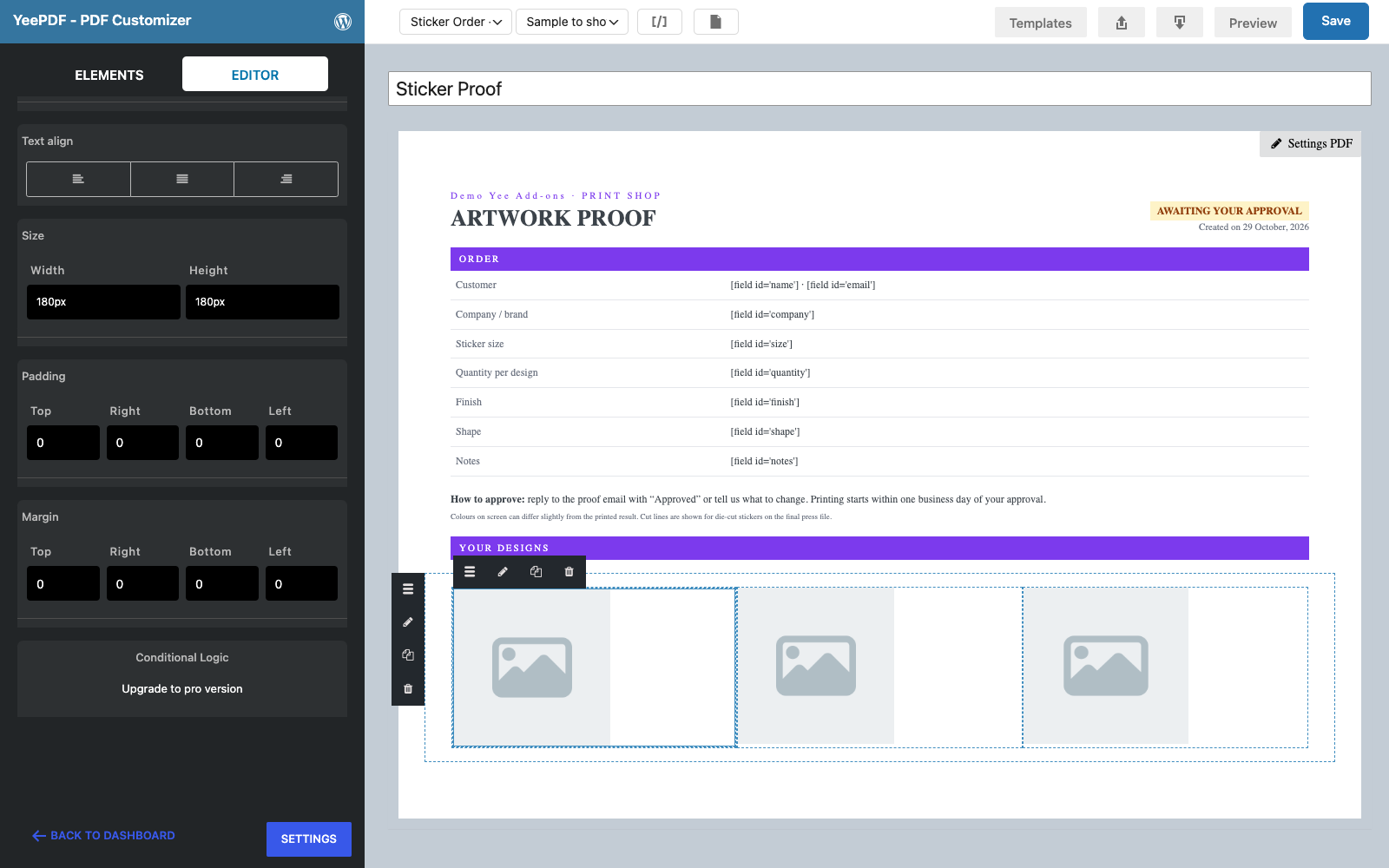 The Edit Image panel with Type set to Use Field and the field Design 1