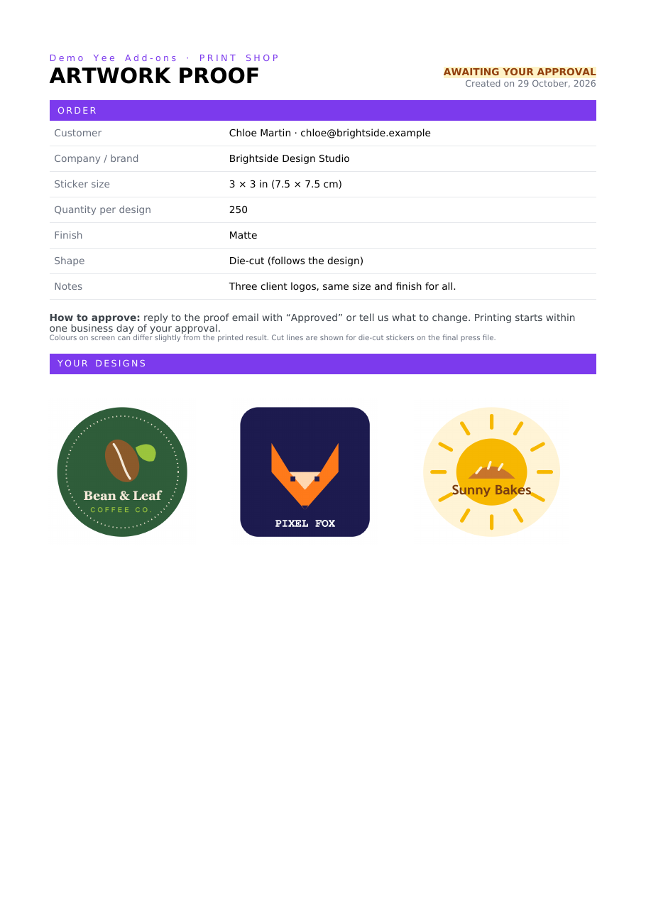 The sticker proof PDF with the order details and the three uploaded logos Bean and Leaf, Pixel Fox and Sunny Bakes