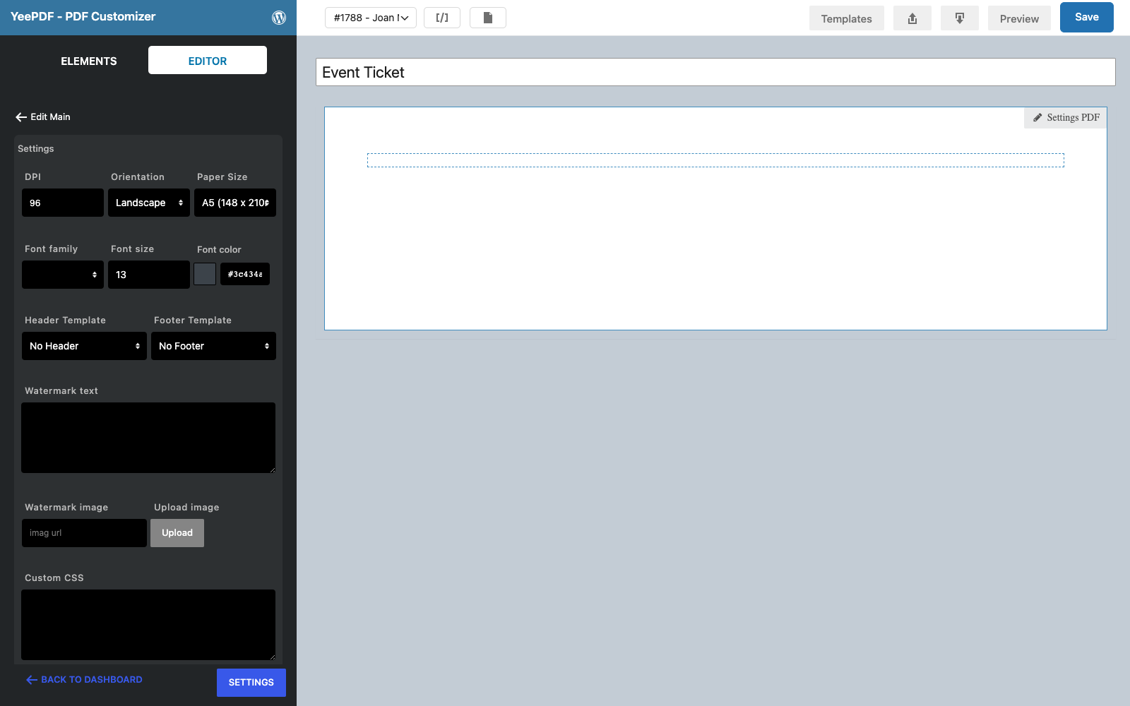 The Settings PDF panel of the new Event Ticket template with Landscape orientation and A5 paper size